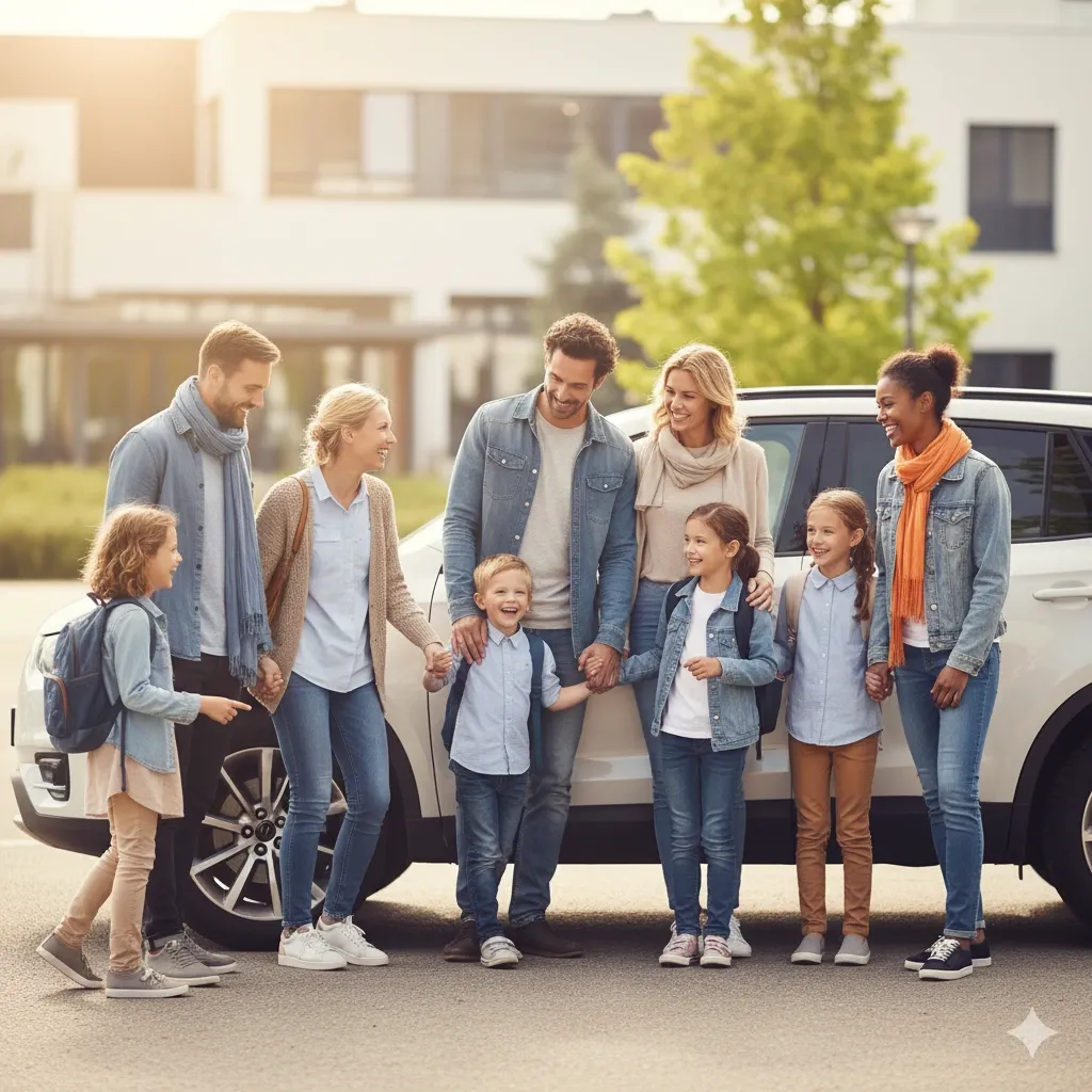 Des parents et leurs enfants réunis devant une voiture, à la sortie de l’école