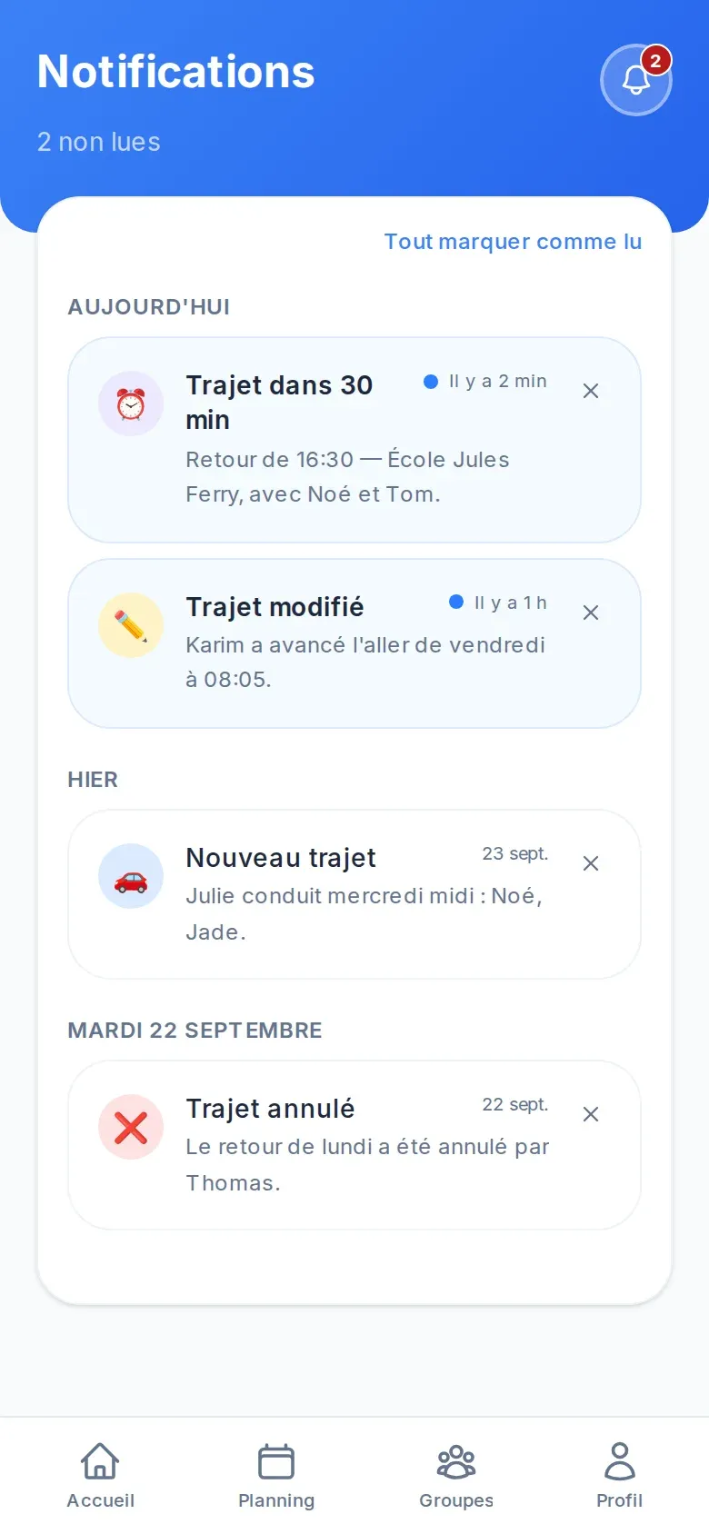 Écran Notifications de Kidipool : un rappel trente minutes avant un trajet, un trajet modifié, un nouveau trajet, un trajet annulé