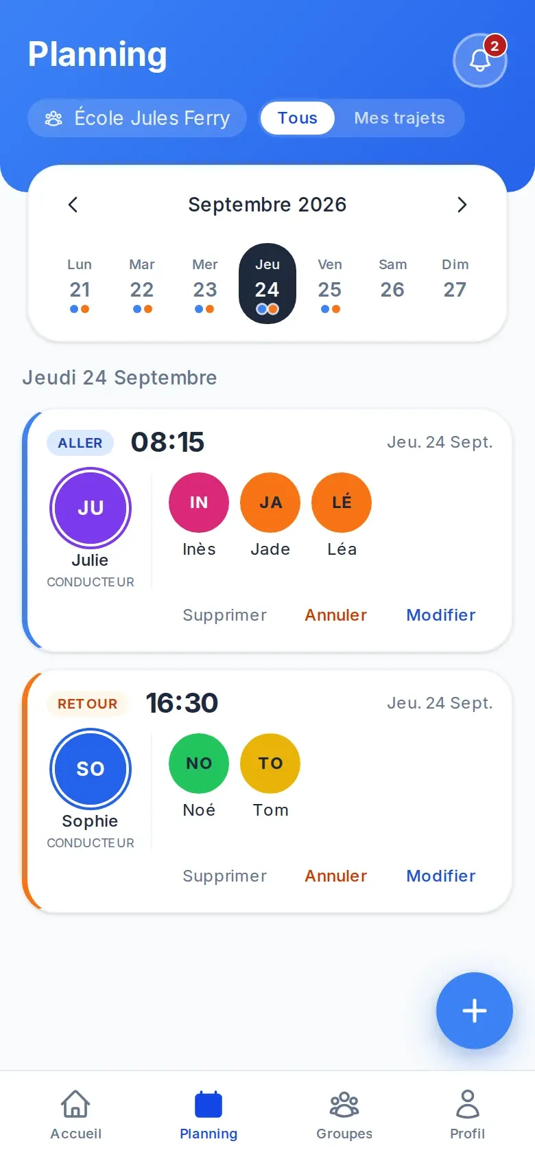 Écran Planning de Kidipool : la semaine en cours, et les trajets du jour avec leur conducteur et les enfants à bord